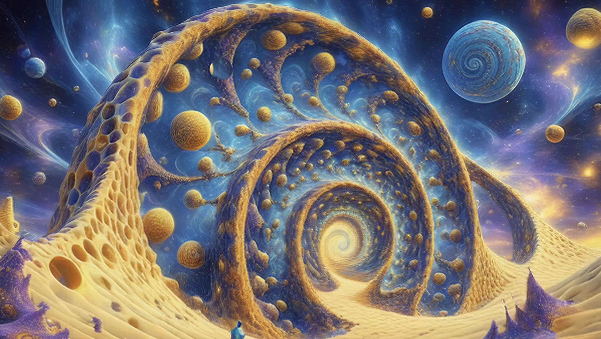 A massive, porous golden spiral in a cosmic landscape, representing 4K psychedelic trippy visuals.